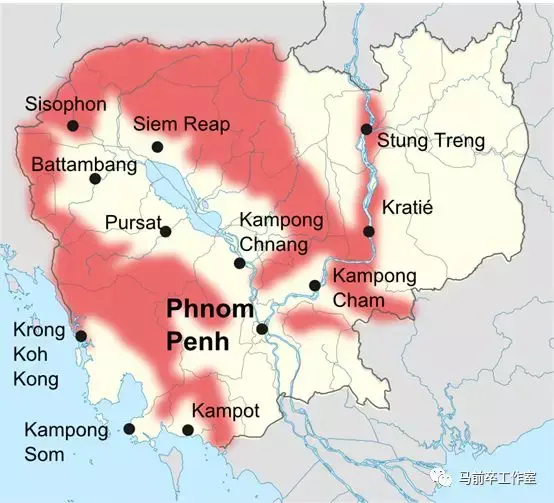 柬埔寨1991年停火时,民柬方面(红色)与柬埔寨人民共和国控制区