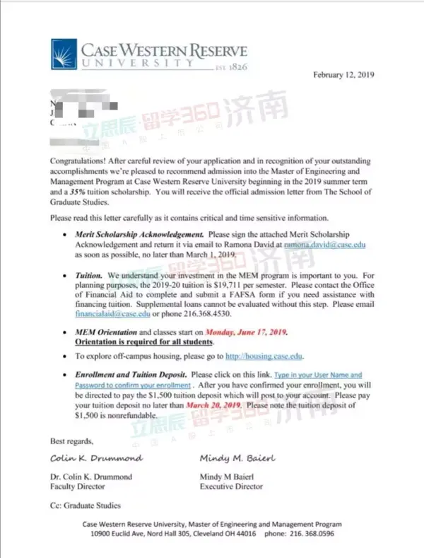 成功案例| 免35%学费奖学金 凯斯西储大学录取offer