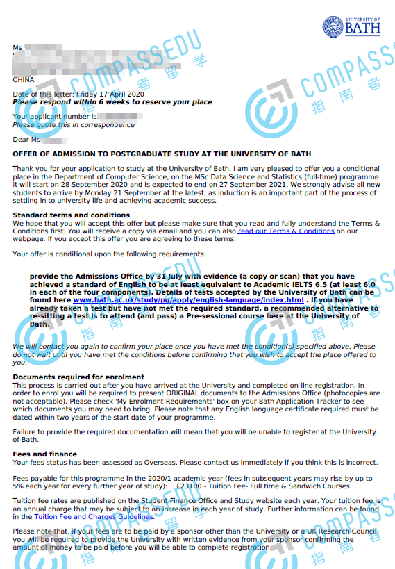 巴斯大学数据科学与统计学理学硕士研究生offer一枚